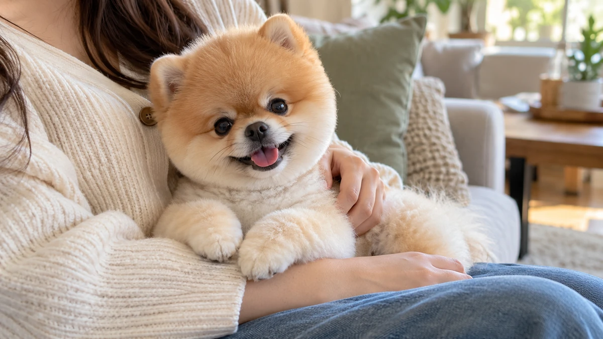 Pomeranian Boo köpek — sahibinin kucağında