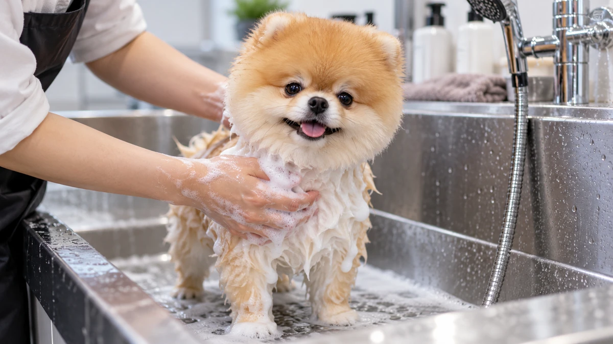 Pomeranian Boo köpek — banyo ve temizlik