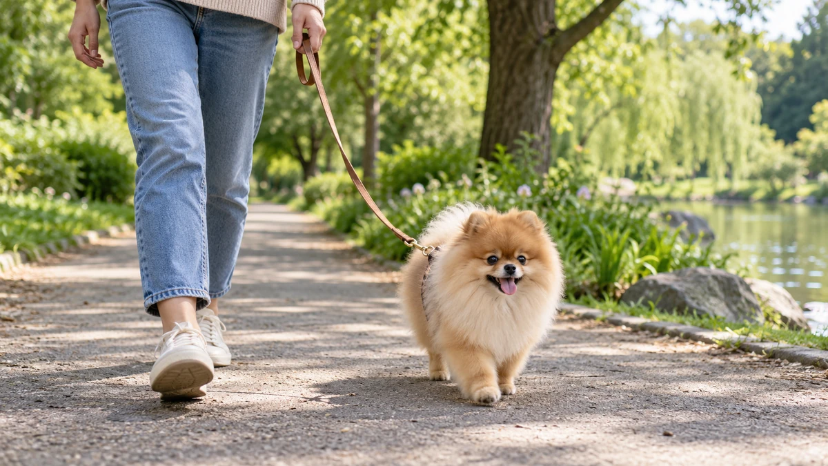 Pomeranian Boo köpek — parkta yürüyüş ve egzersiz